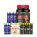 A group of six Allmax branded supplement containers arranged on a plain white background, including Creatine, Isoflex, Glutamine, Acuts, Vitaform, and Vitaform+ containers.