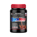 A black plastic tub of Allmax QuickMass Rapid Mass Gain Catalyst in Chocolate flavor, featuring a red screw-on lid and a black label with red, white, and blue text.
