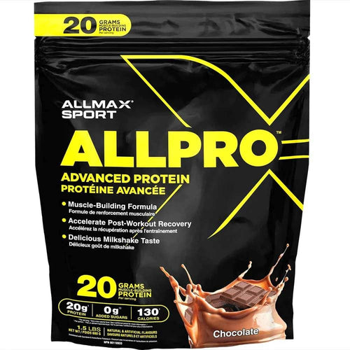 Allpro by ALLMAX Nutrition in Chocolate Flavor and 1.5lb Size.