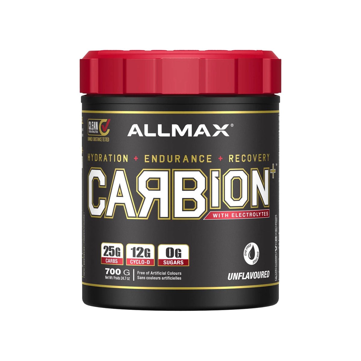 A black tub of Allmax Carbion+ unflavored carbohydrate supplement with a bright red lid, shown on a plain white background.