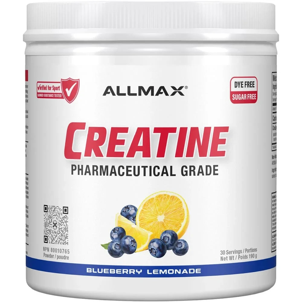 Allmax Creatine supplement container with blueberry and lemon design on a white background