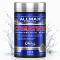 A bottle of Allmax Essentials Creatine Pharmaceutical Grade powder by Creasyn, shown against a white background with water splash graphics on the sides.