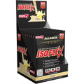 A display box of Allmax Isoflex Vanilla flavor pure whey protein isolate, showing multiple black individual sachet packs inside a branded retail display.
