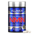 A bottle of Allmax Essentials NMN (Nicotinamide Mononucleotide) dietary supplement with two white capsules in the foreground, set against a plain white background.